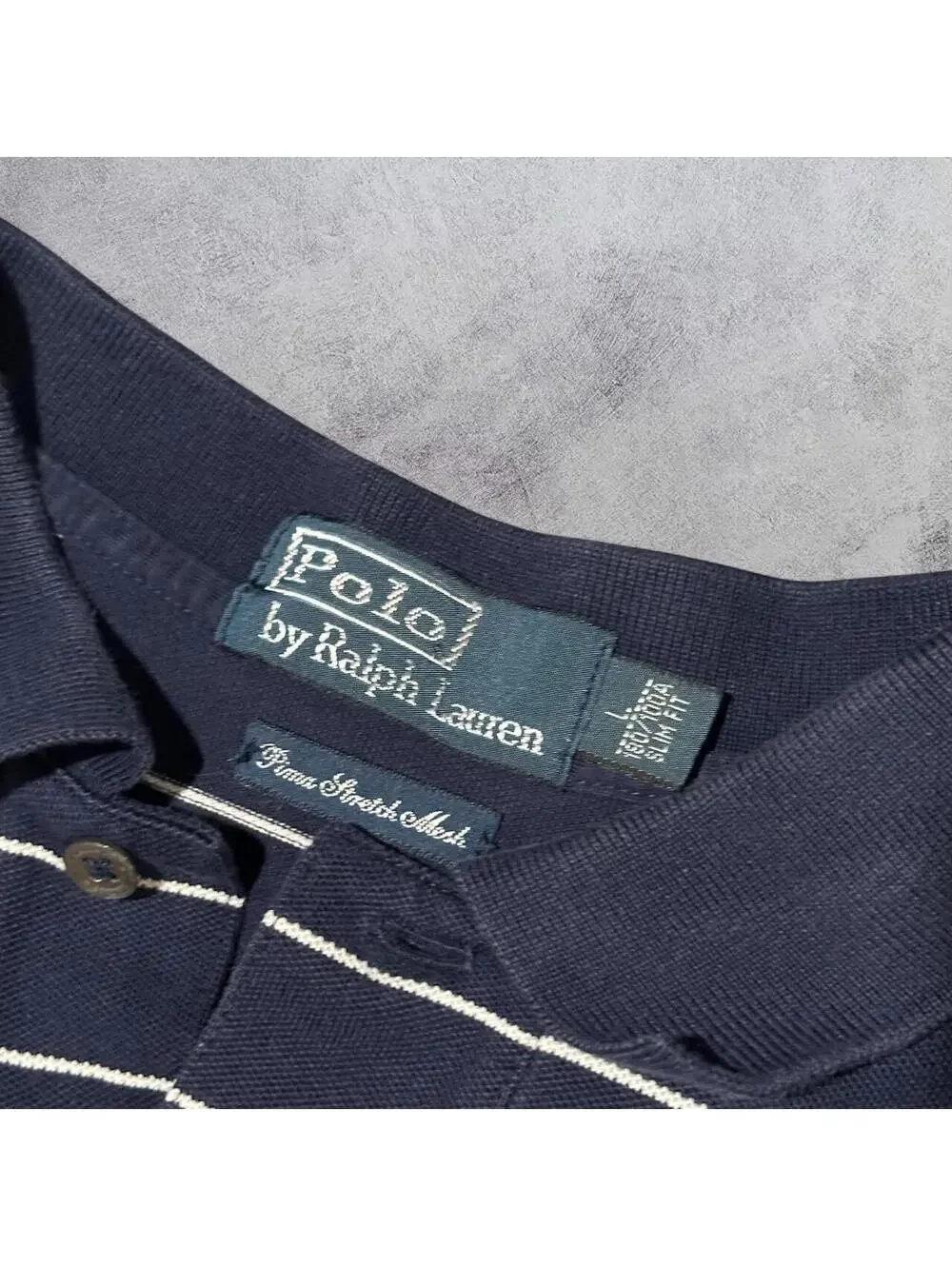 Vintage Y2K Polo Ralph Lauren Navy Blue Striped Slim Fit Polo Shirt - Fits Large
